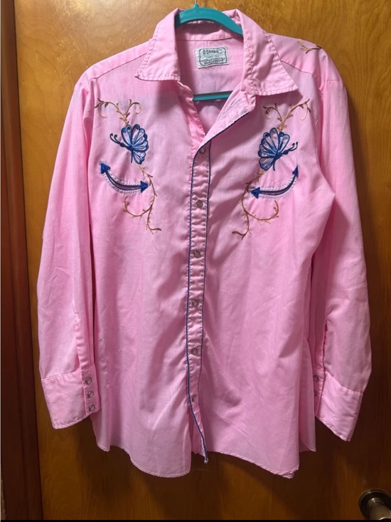 H Bar C Tops - Vintage - H BAR C RANCHWEAR - Pearl Snap - Butterfly Embroidered Western Shirt